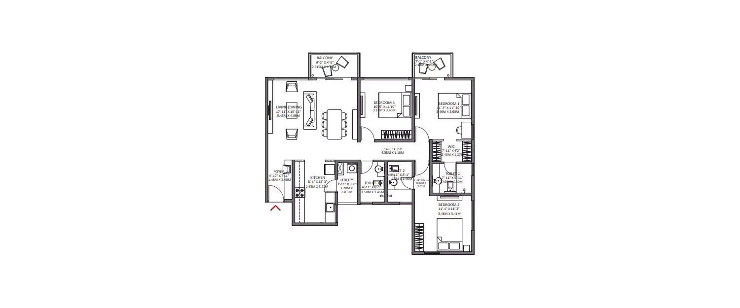 Floor plan for 3 BHK