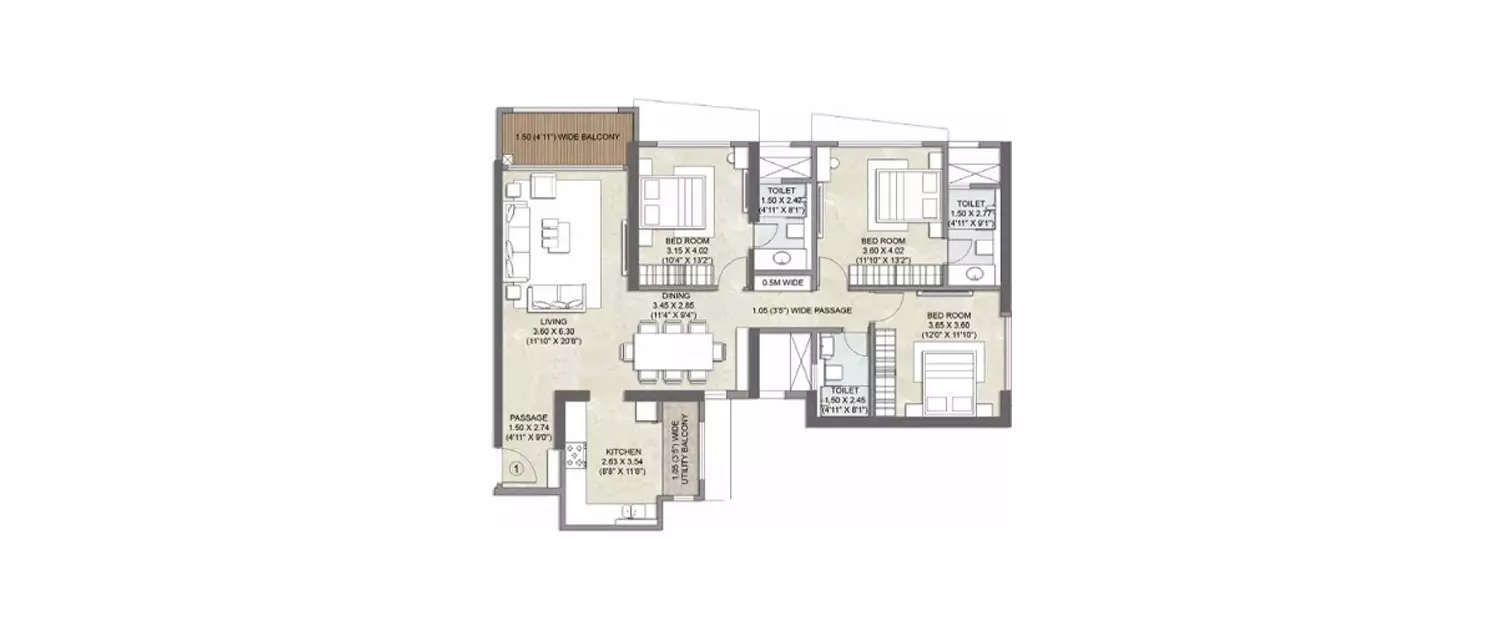 Floor plan for 3 BHK