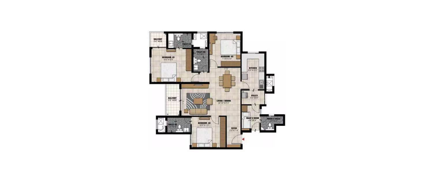 Floor plan for 3 BHK
