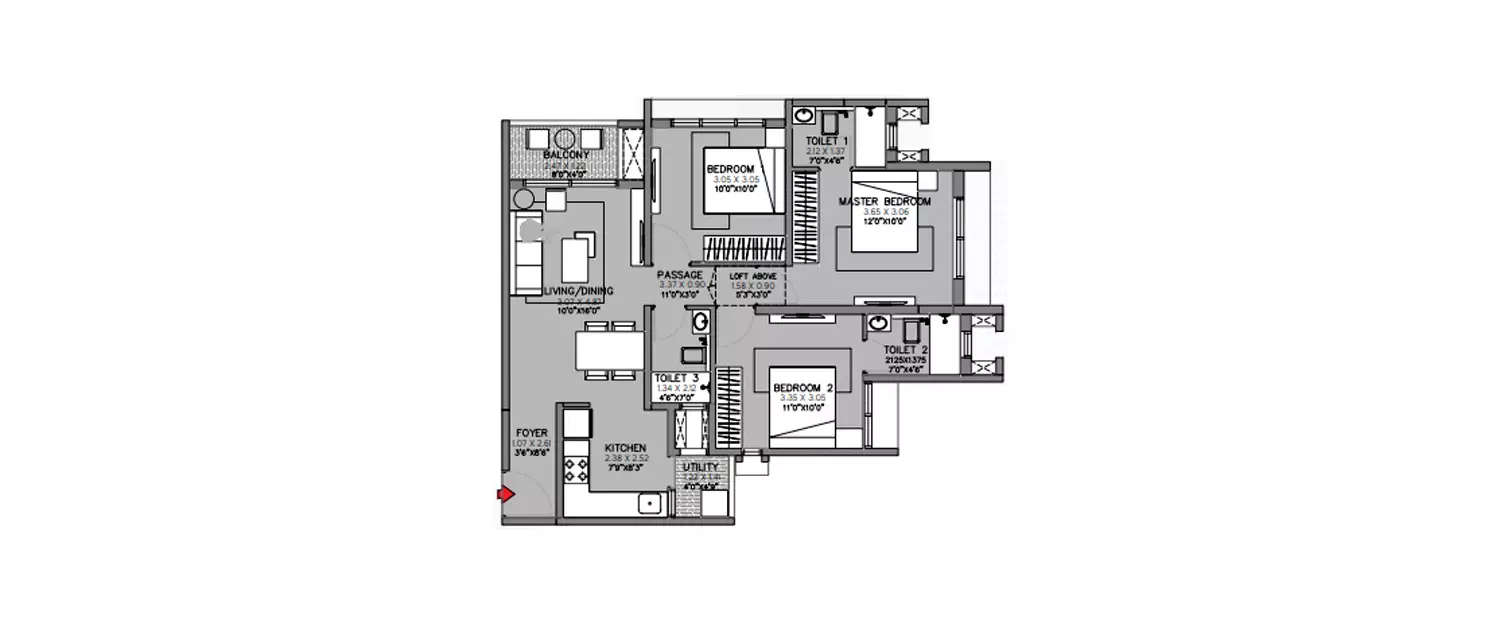 Floor plan for 3 BHK