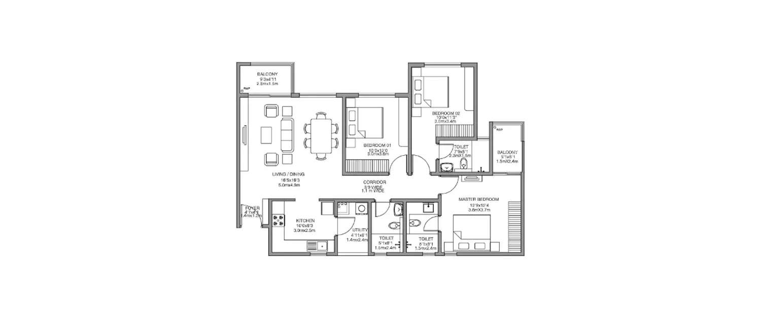 Floor plan for 3 BHK