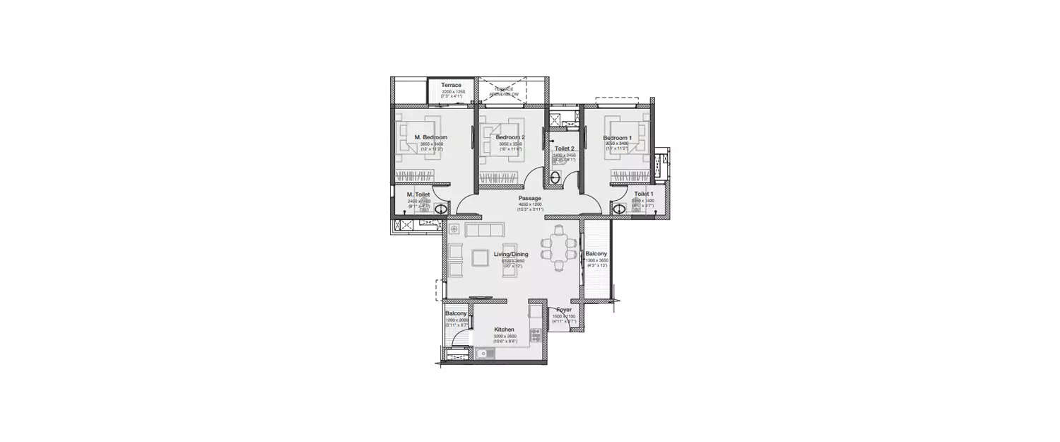 Floor plan for 3 BHK