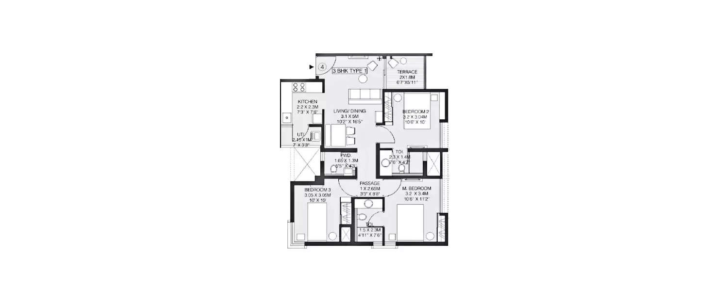 Floor plan for 3 BHK