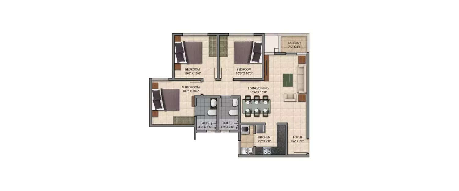 Floor plan for 3 BHK