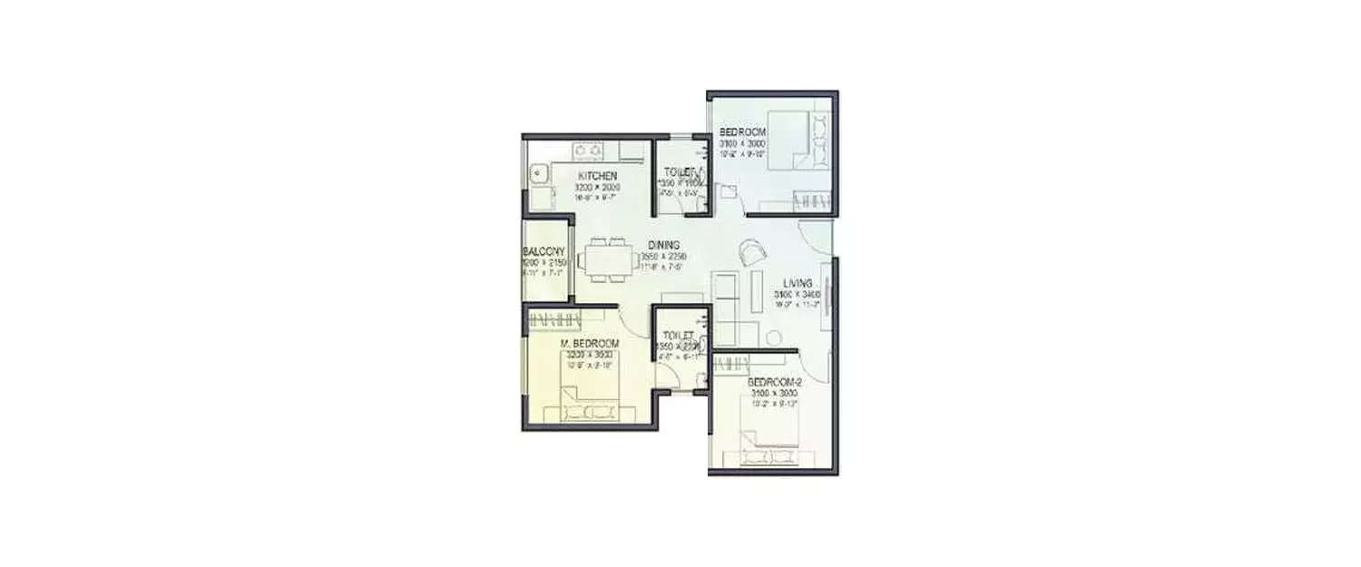 Floor plan for 3 BHK