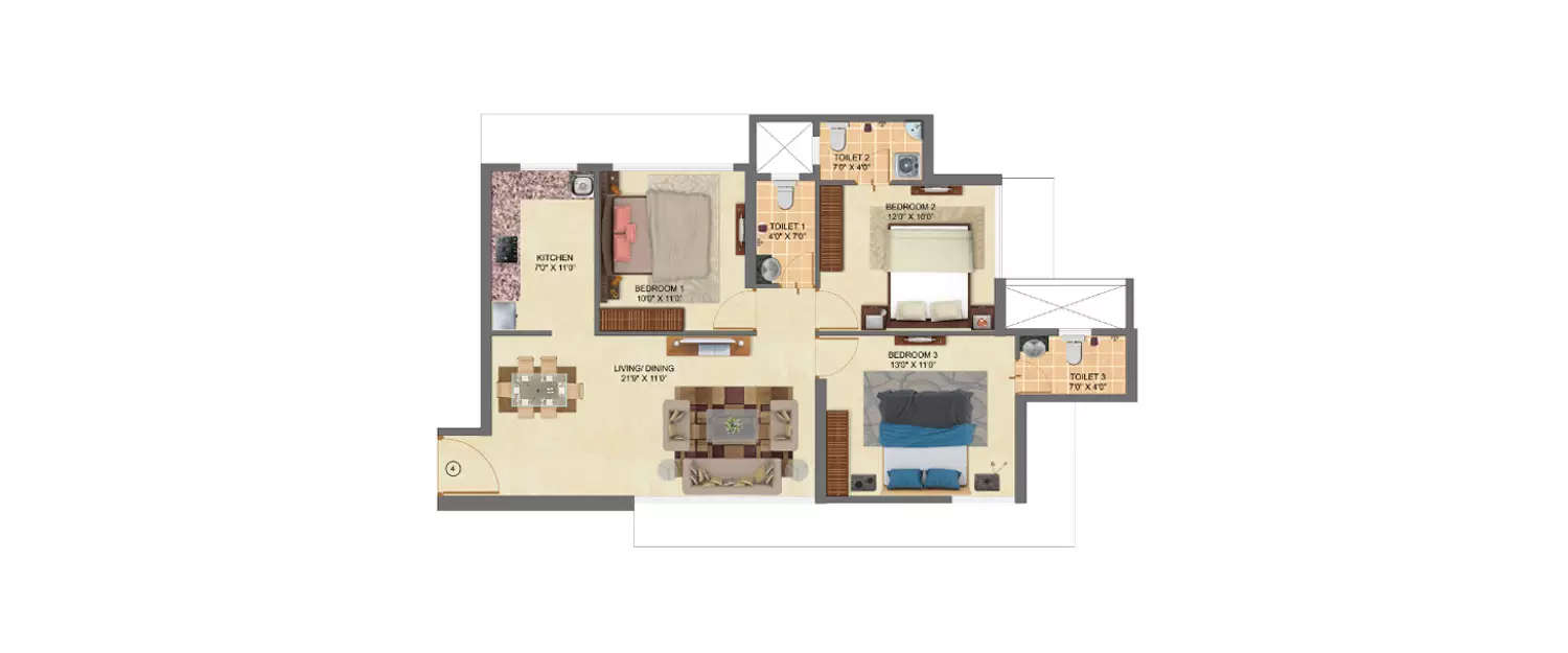 Floor plan for 3 BHK