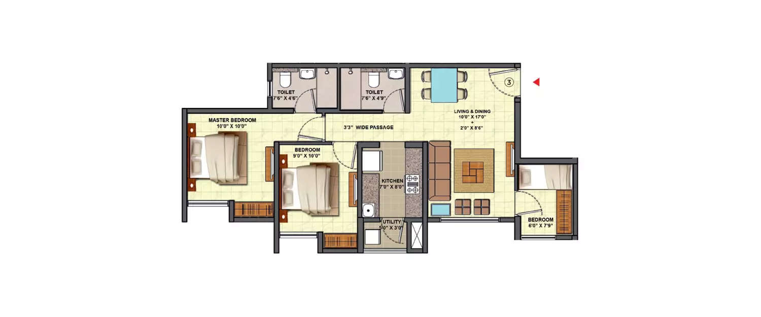 Floor plan for 3 BHK
