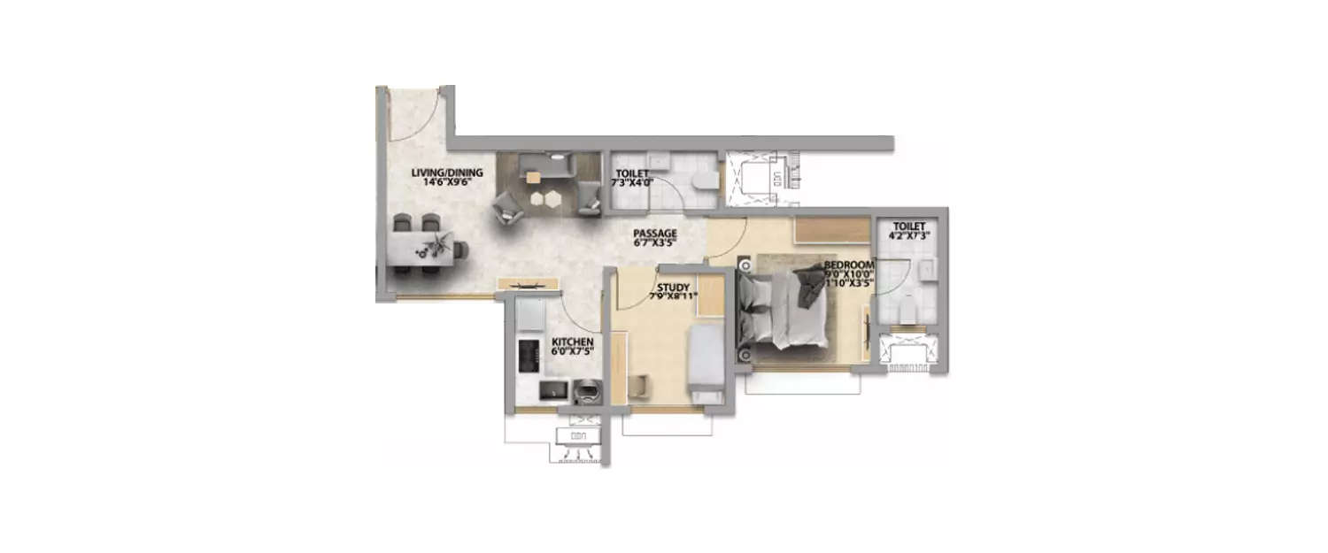 Floor plan for 1.5 BHK
