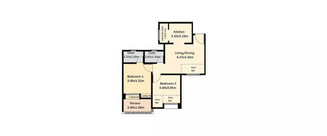 Nyati Elan South East I Wagholi - Floor plan 2 BHK 446 Sq.ft