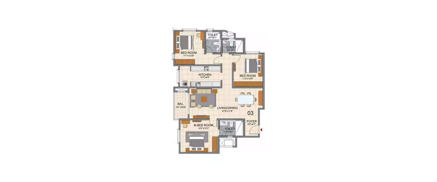 Floor plan for 3 BHK