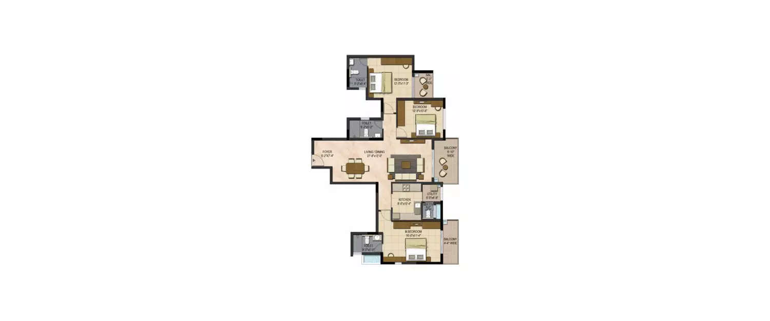 Floor plan for 3 BHK