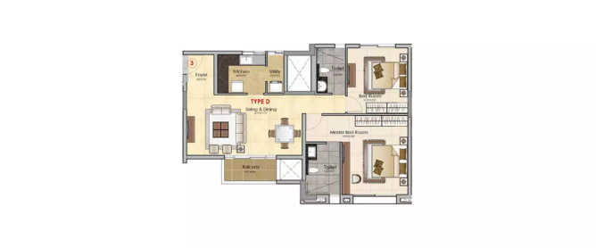 Prestige MSR Mathikere - Floor plan 2 BHK 847 Sq.ft