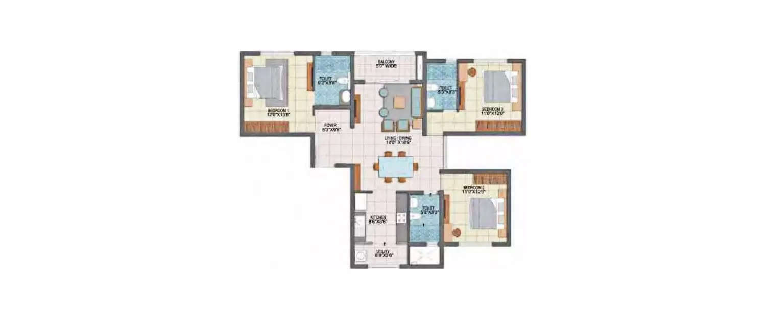 Floor plan for 3 BHK