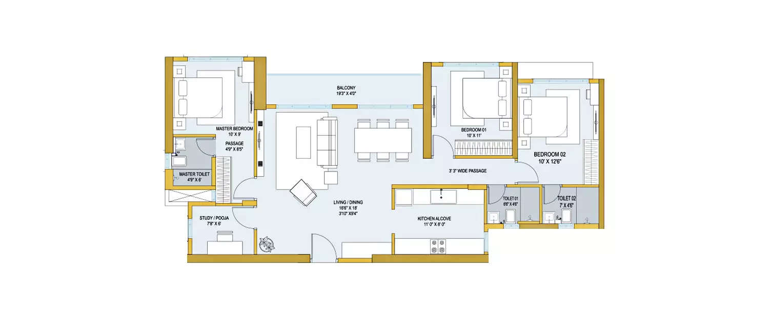 Floor plan for 3 BHK