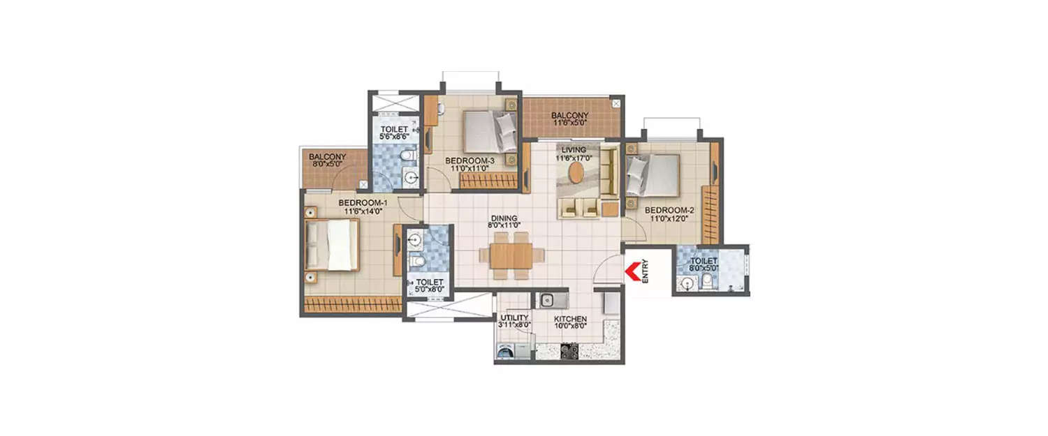 Floor plan for 3 BHK