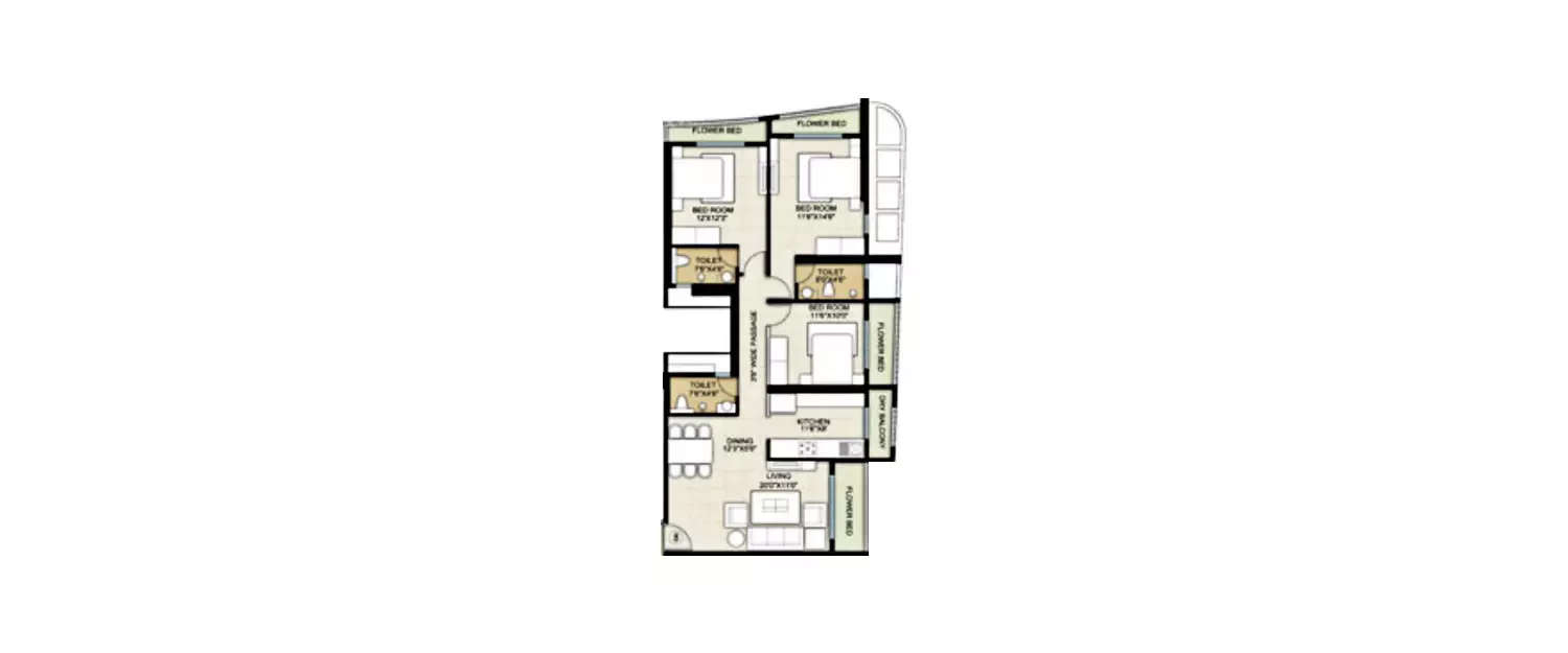 Floor plan for 3 BHK