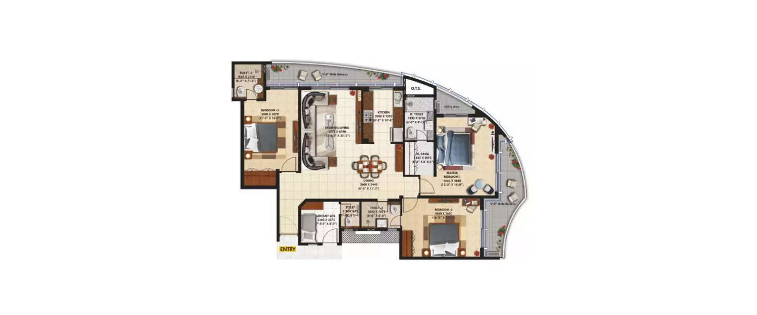 Floor plan for 3 BHK