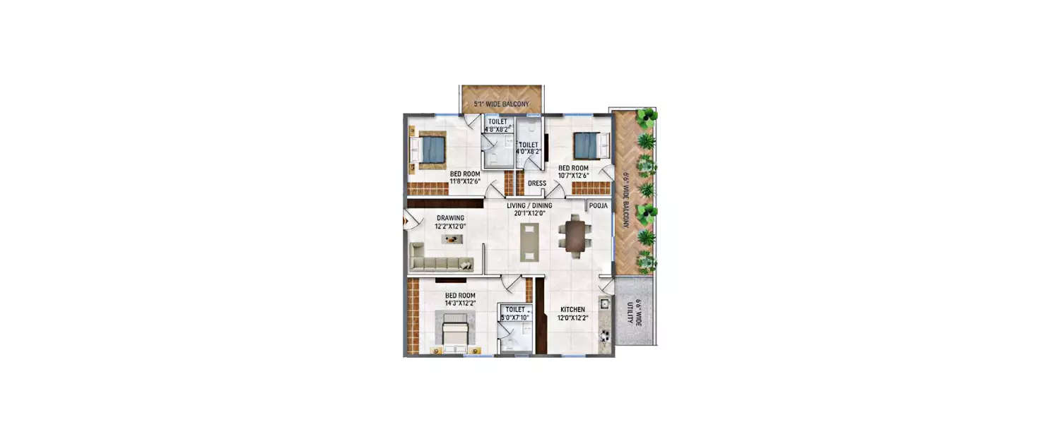 Floor plan for 3 BHK