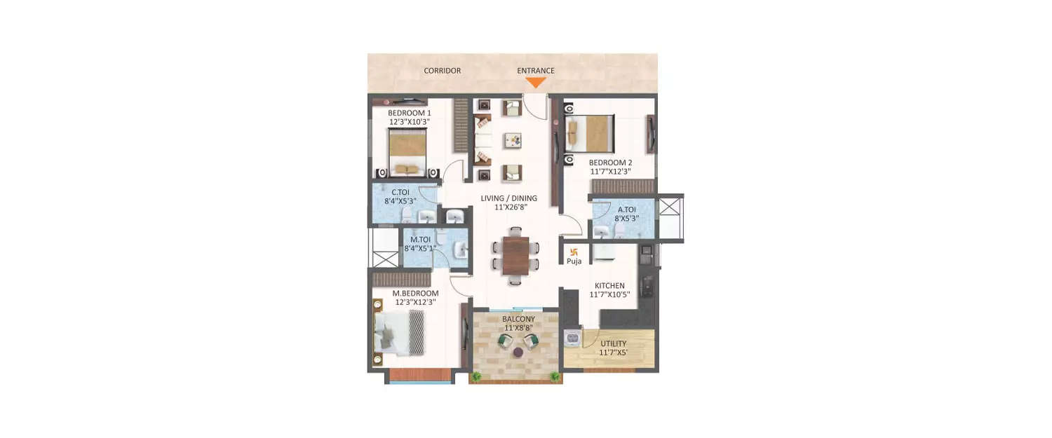 Floor plan for 3 BHK