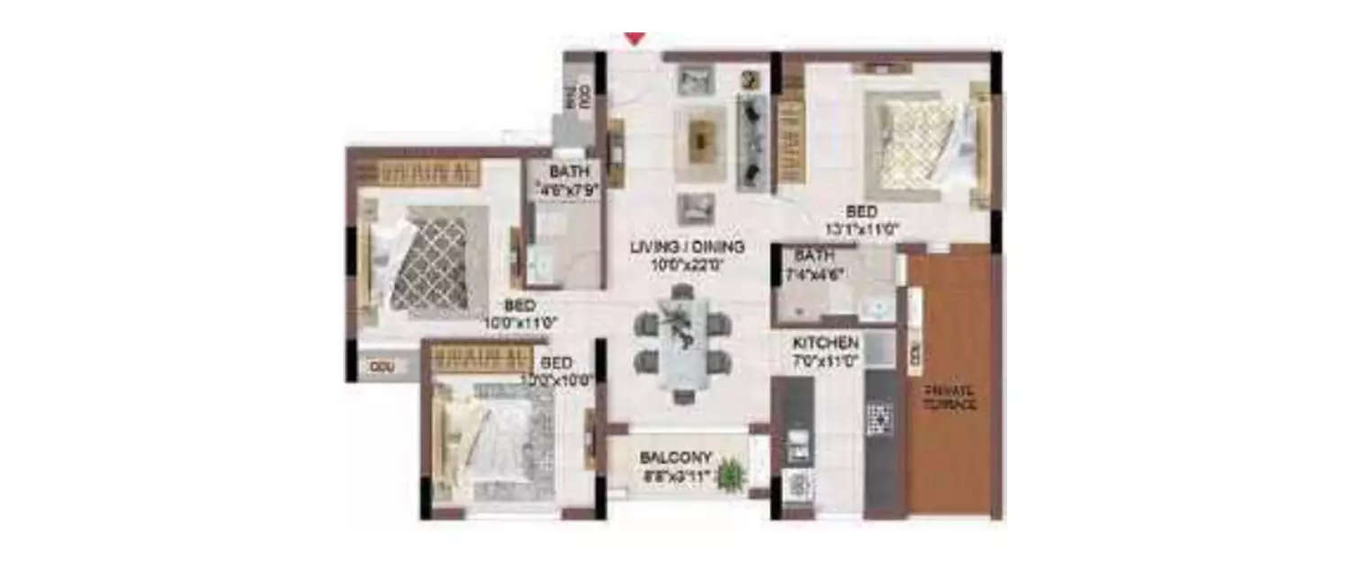 Floor plan for 3 BHK