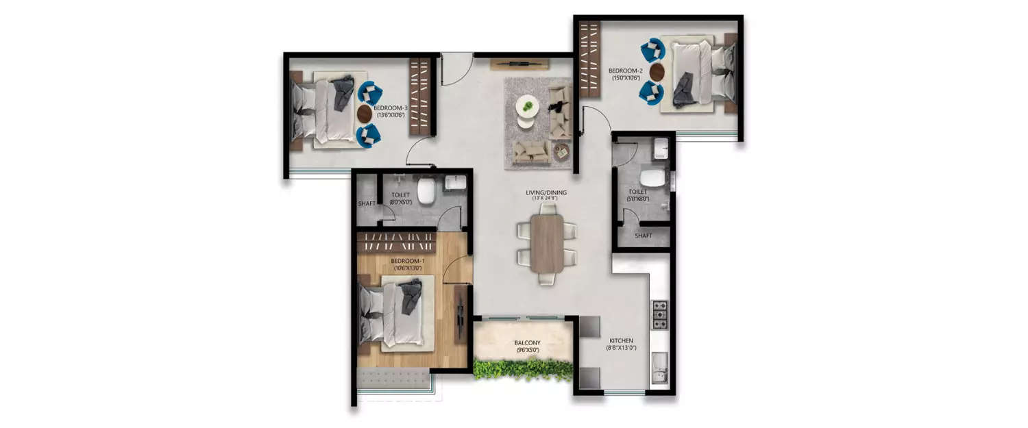 Floor plan for 3 BHK