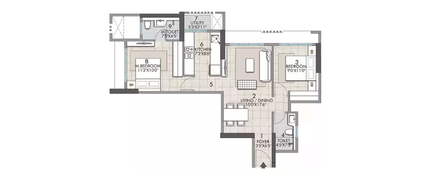 Floor plan for 2 BHK