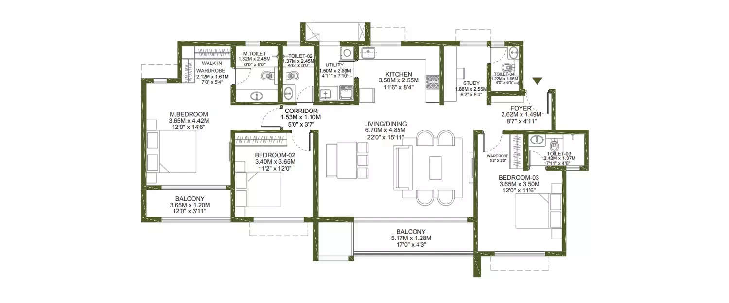 Floor plan for 3 BHK