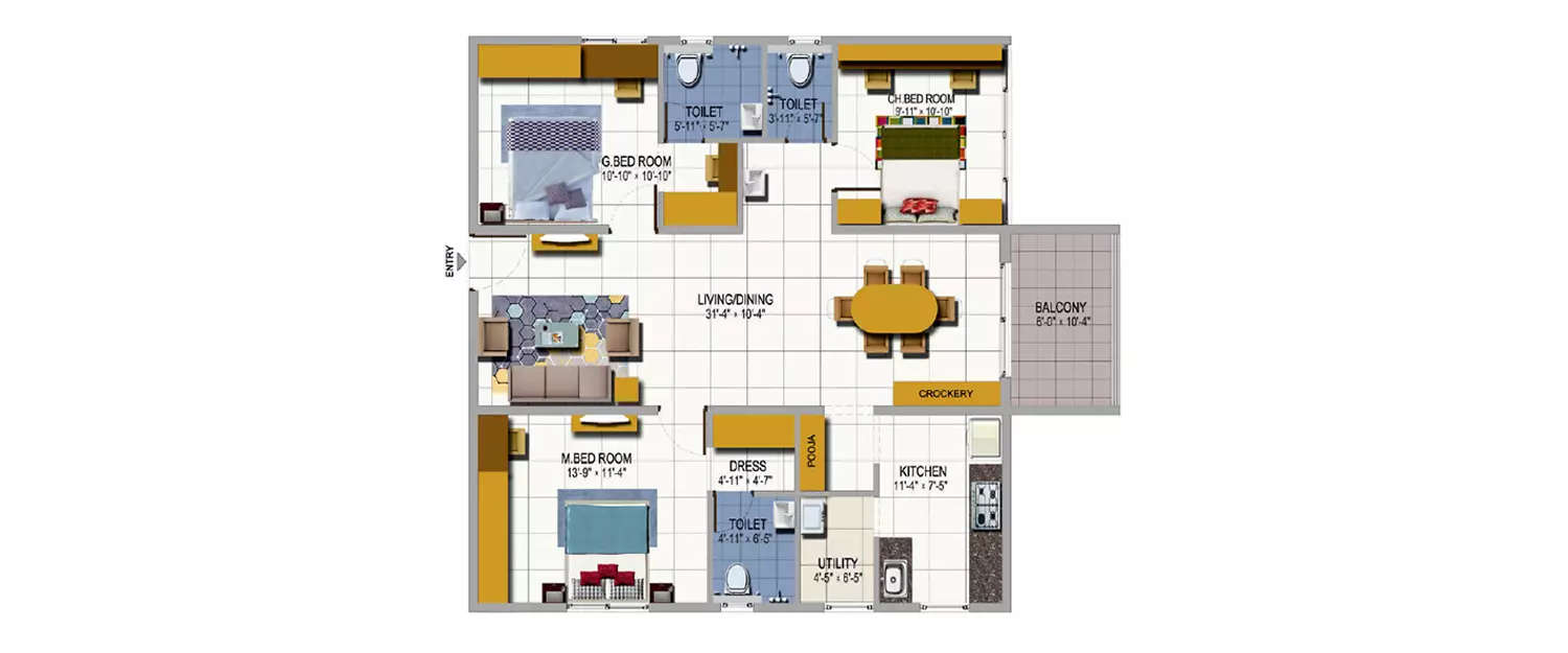 Floor plan for 3 BHK