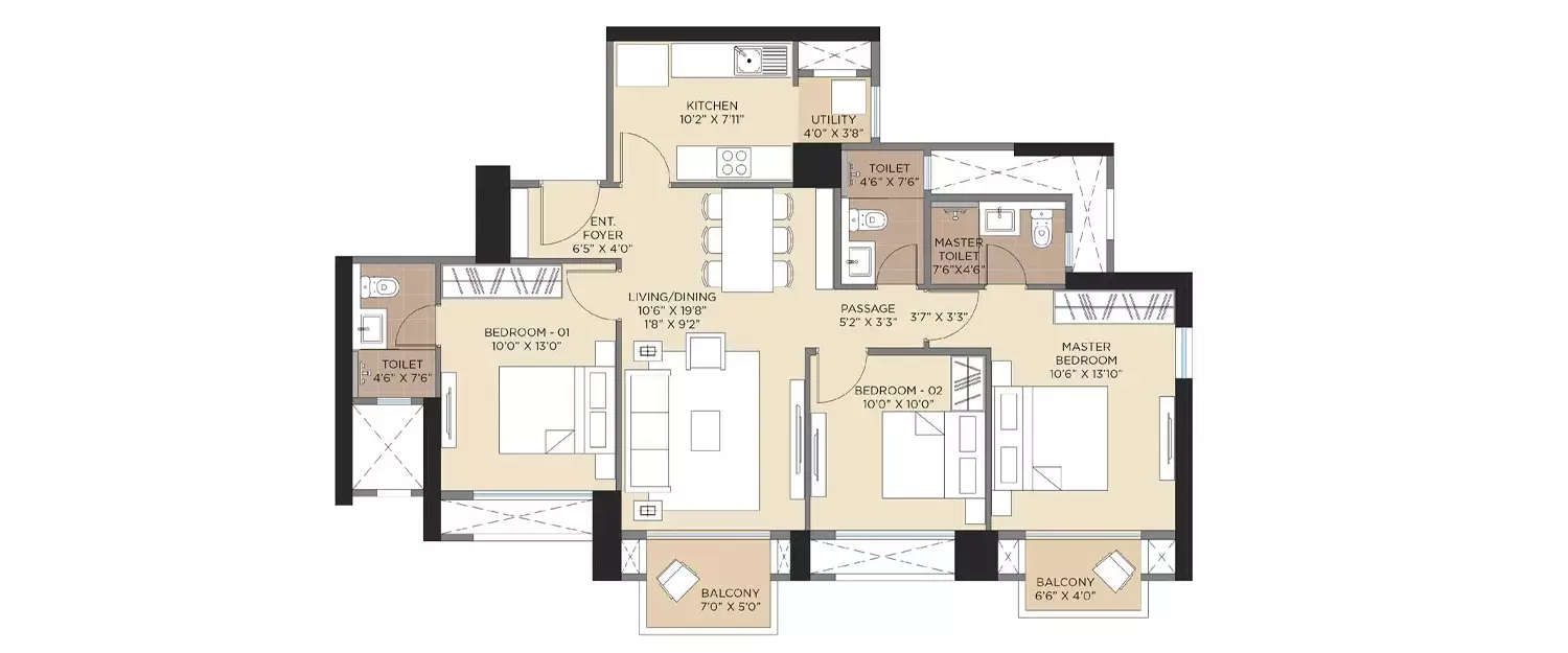Floor plan for 3 BHK