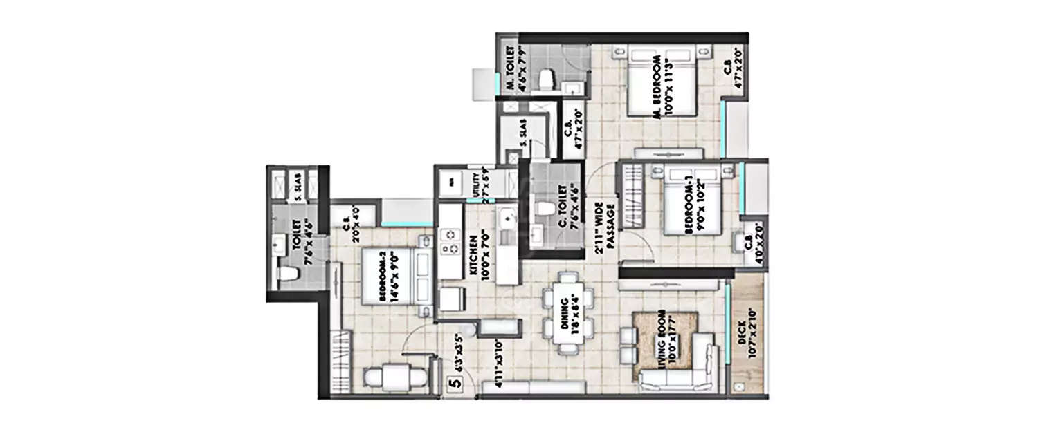 Floor plan for 3 BHK