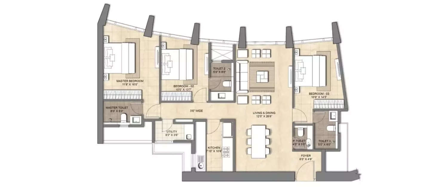 Floor plan for 3 BHK