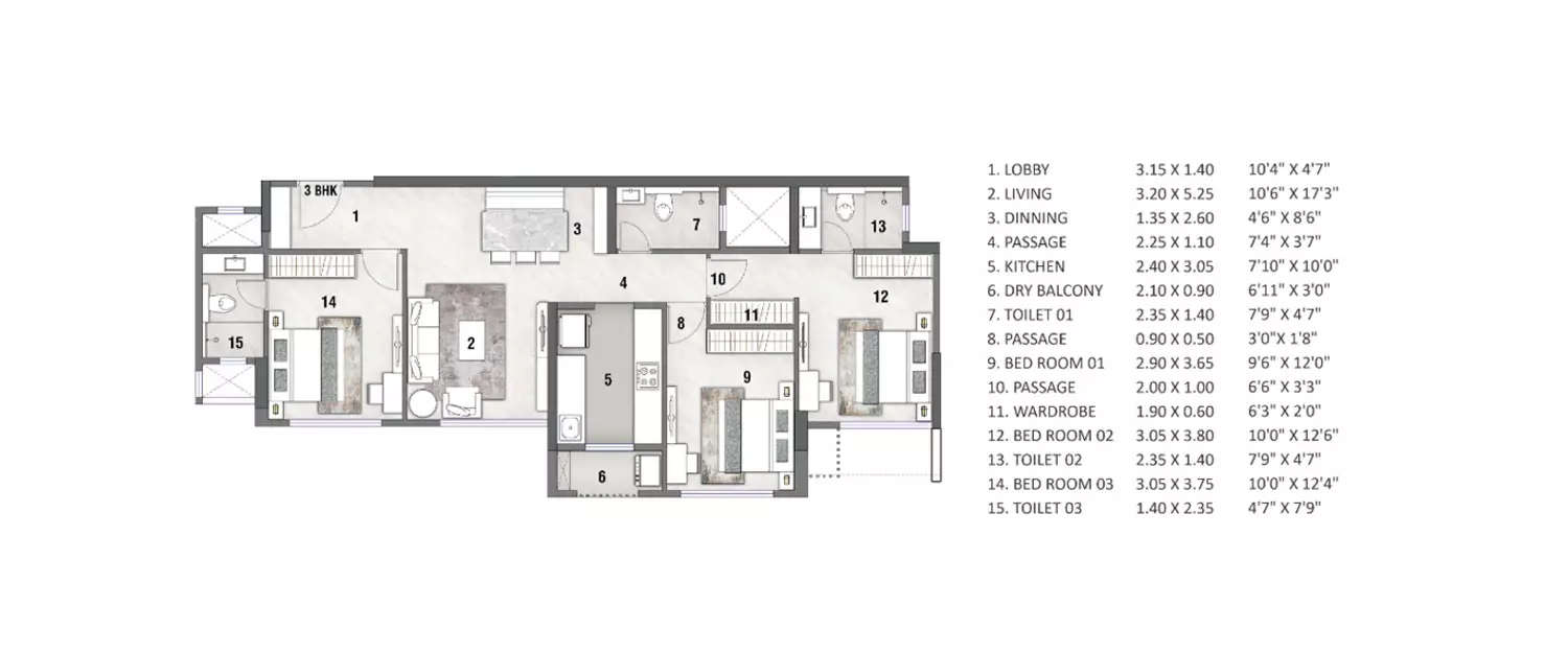 Floor plan for 3 BHK