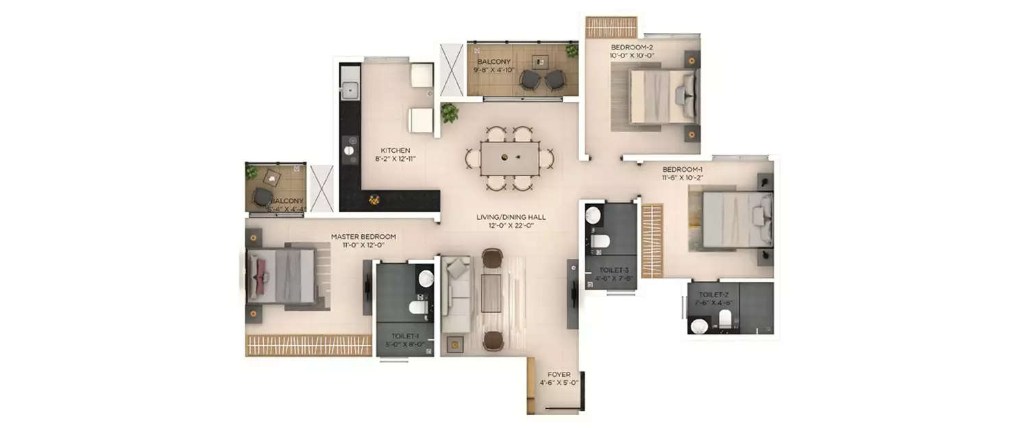 Floor plan for 3 BHK
