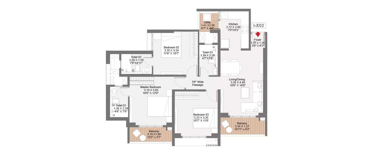 Floor plan for 3 BHK