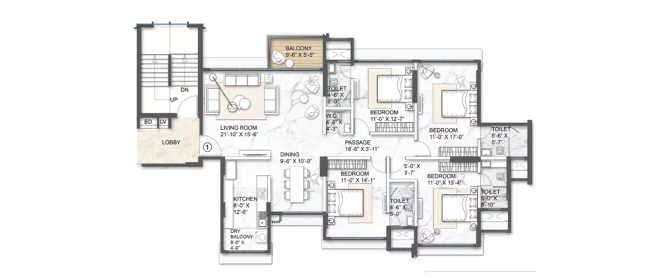 Arkade Aura Santacruz - Floor plan 4 BHK 1613 Sq.ft