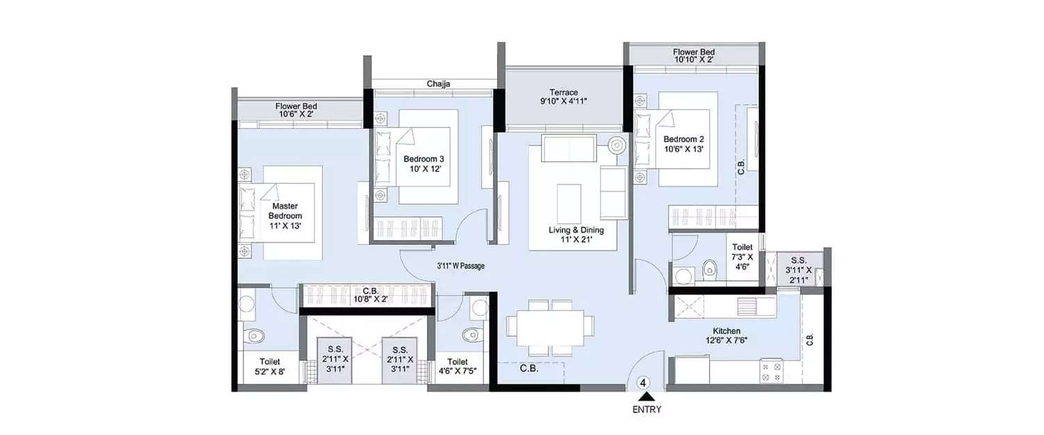 Floor plan for 3 BHK