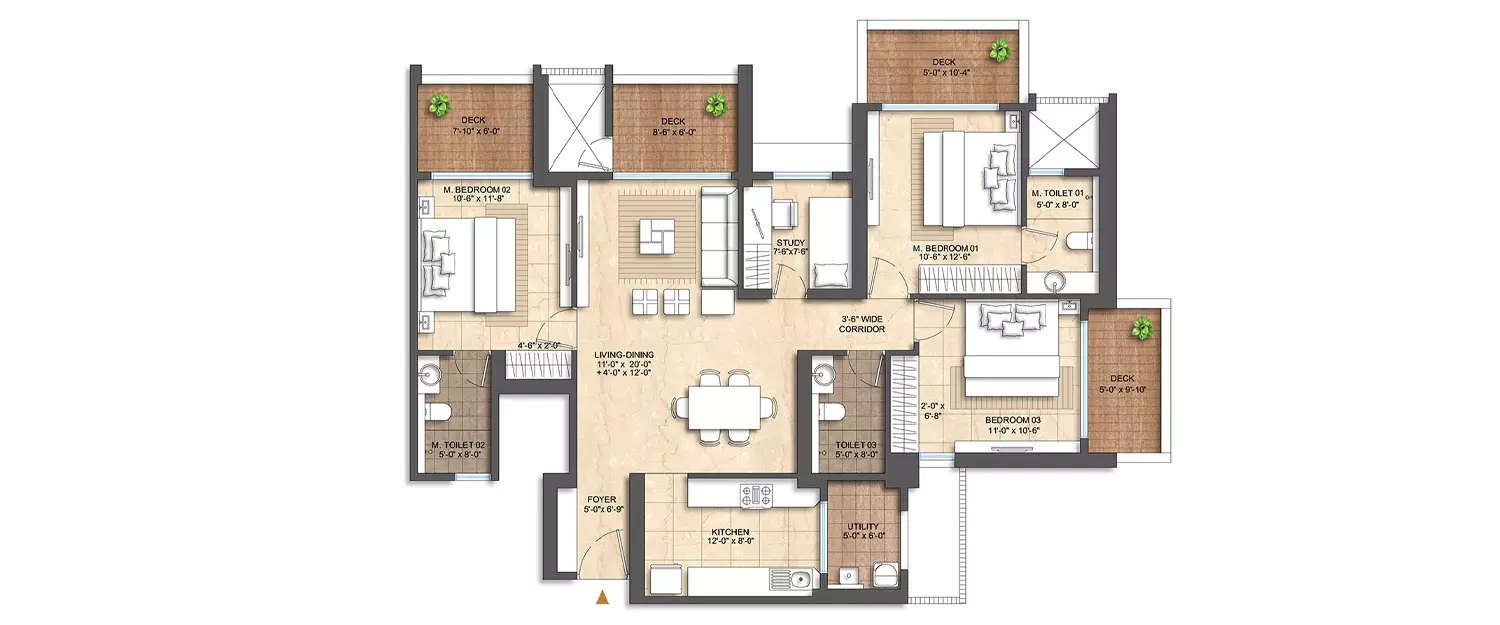 Floor plan for 3 BHK