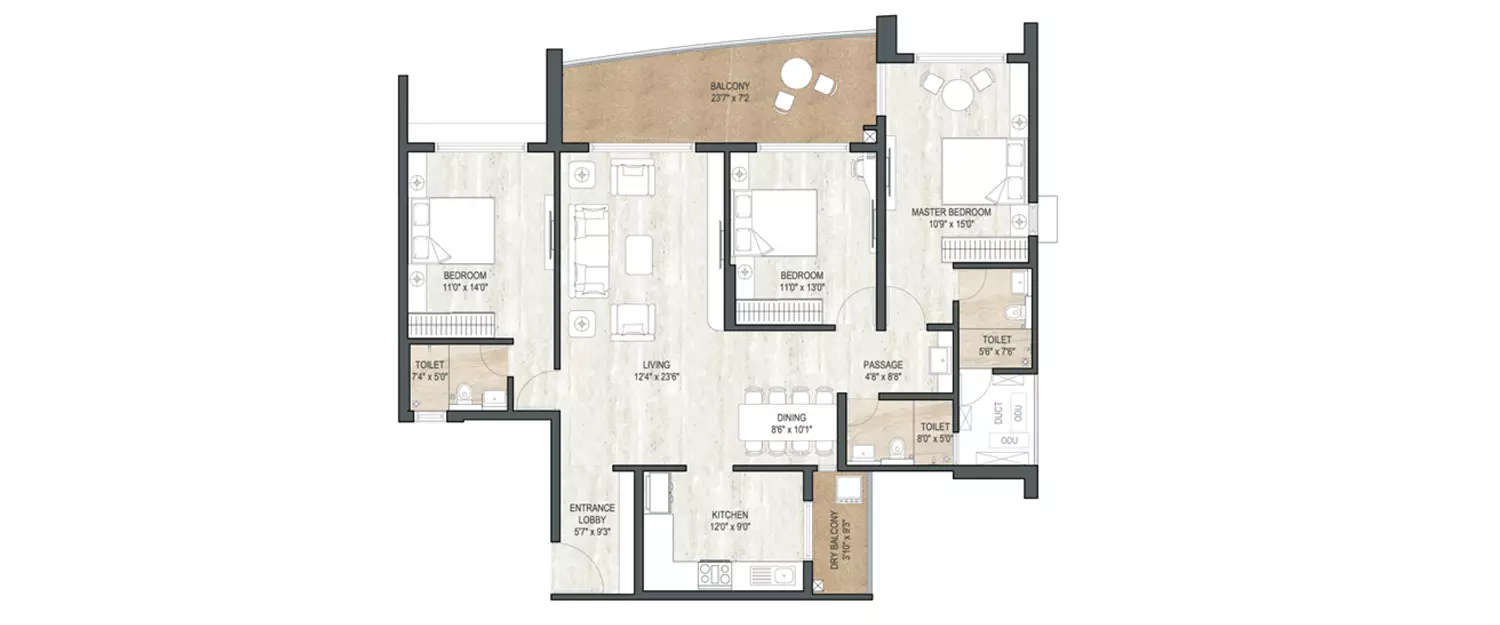 Floor plan for 3 BHK