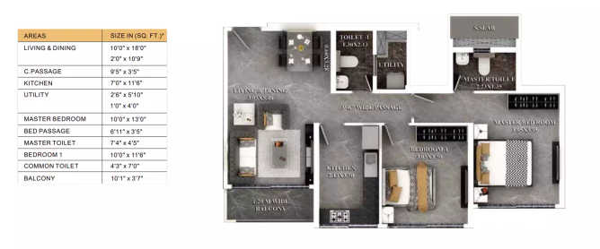 Dosti Eastern Bay Wadala - Floor plan 2 BHK 743 Sq.ft