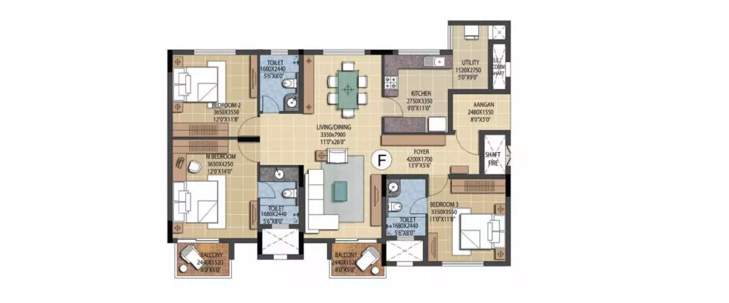 Floor plan for 3 BHK