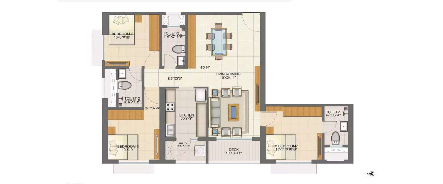 Floor plan for 3 BHK