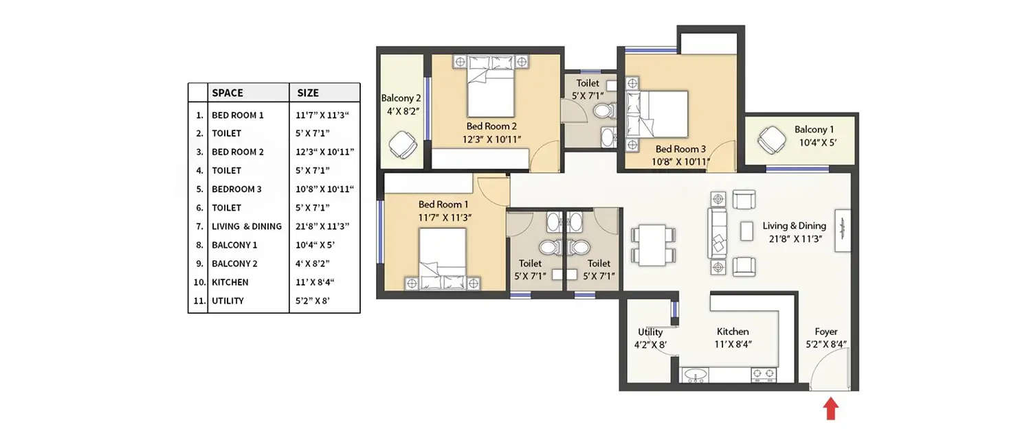 Floor plan for 3 BHK