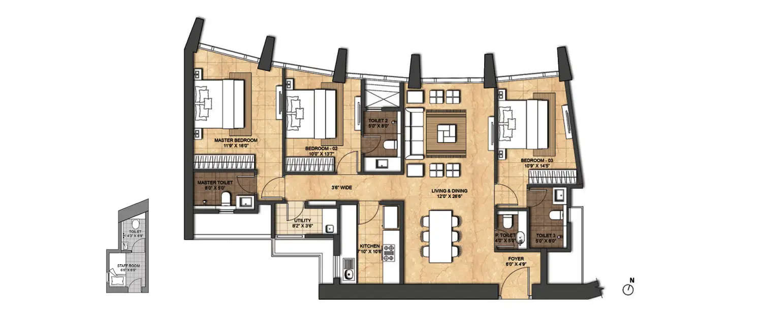 Floor plan for 3 BHK
