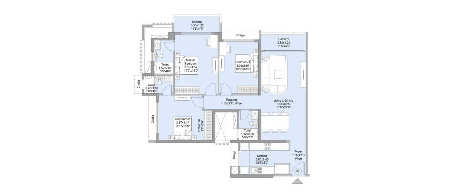 Floor plan for 3 BHK