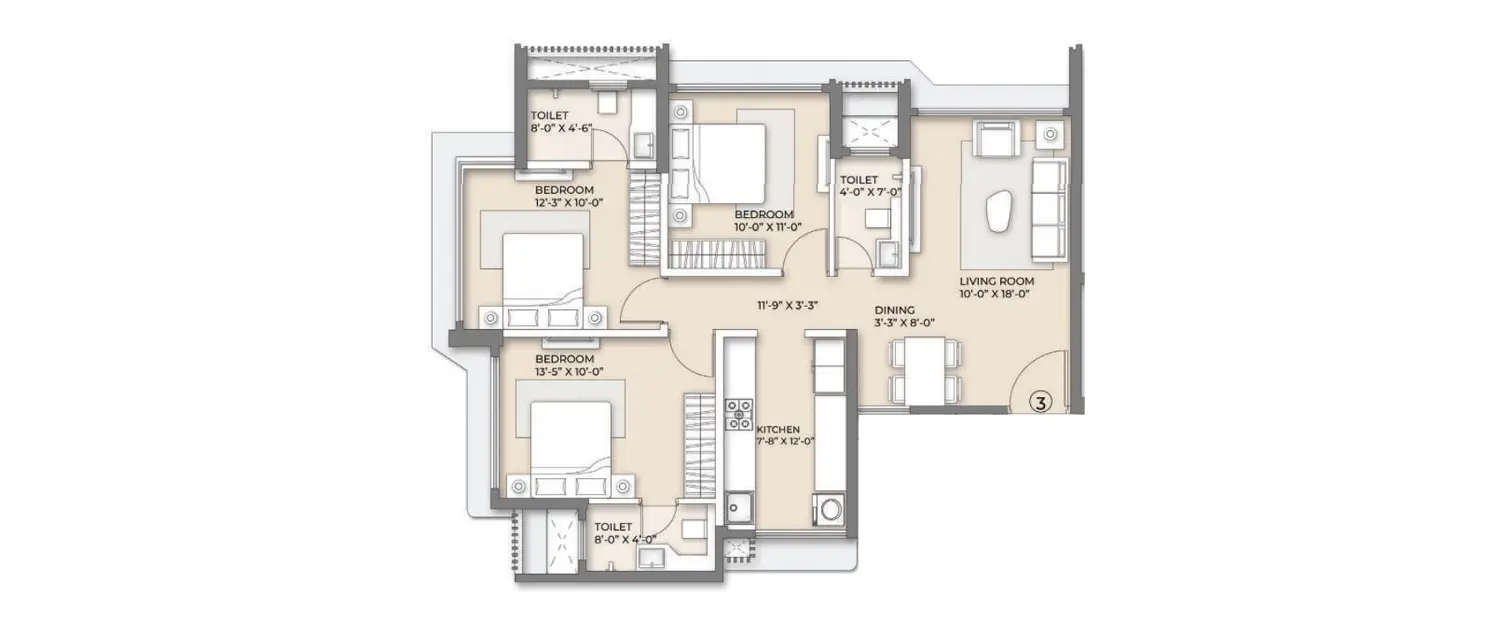 Floor plan for 3 BHK