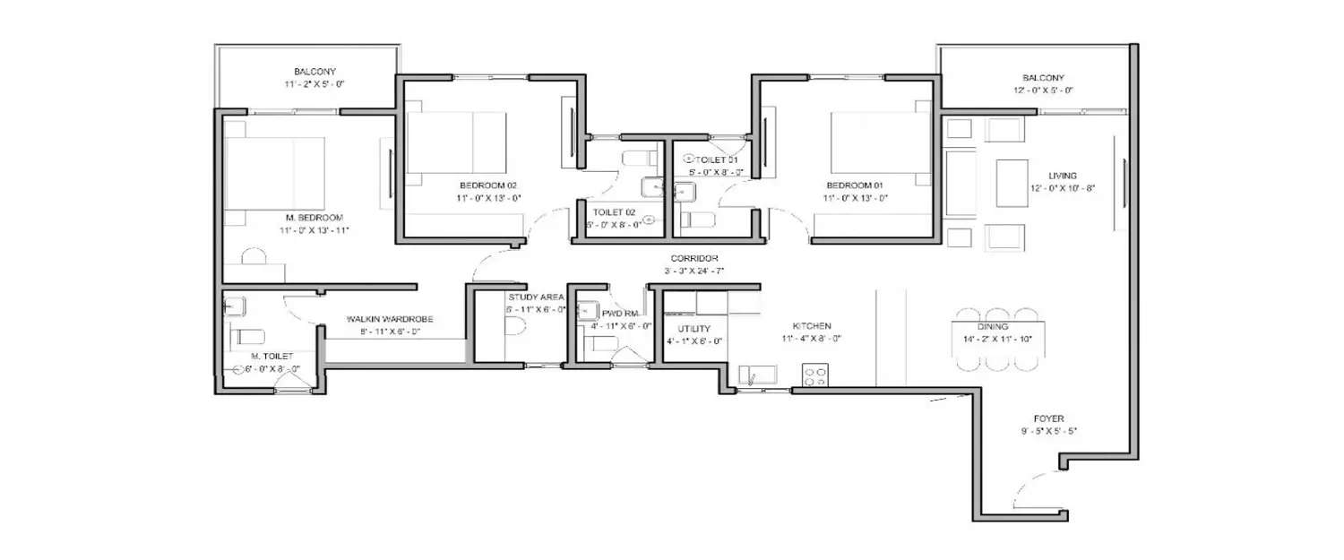 Floor plan for 3 BHK