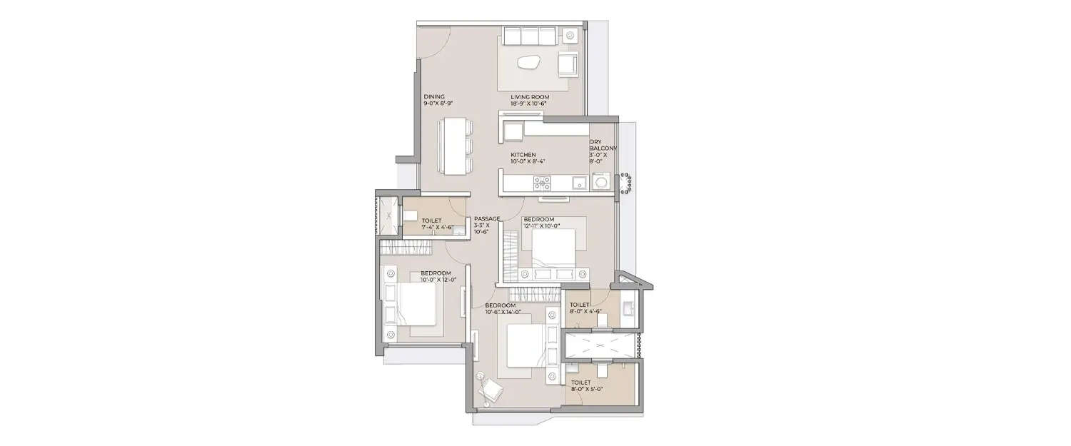 Floor plan for 3 BHK