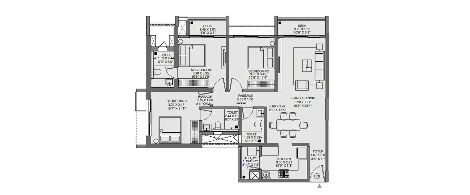 Floor plan for 3 BHK