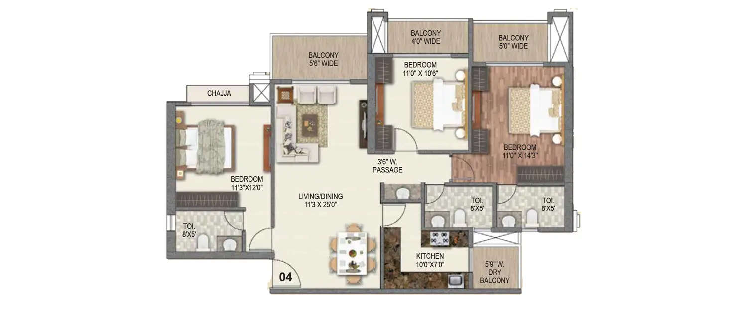 Floor plan for 3 BHK