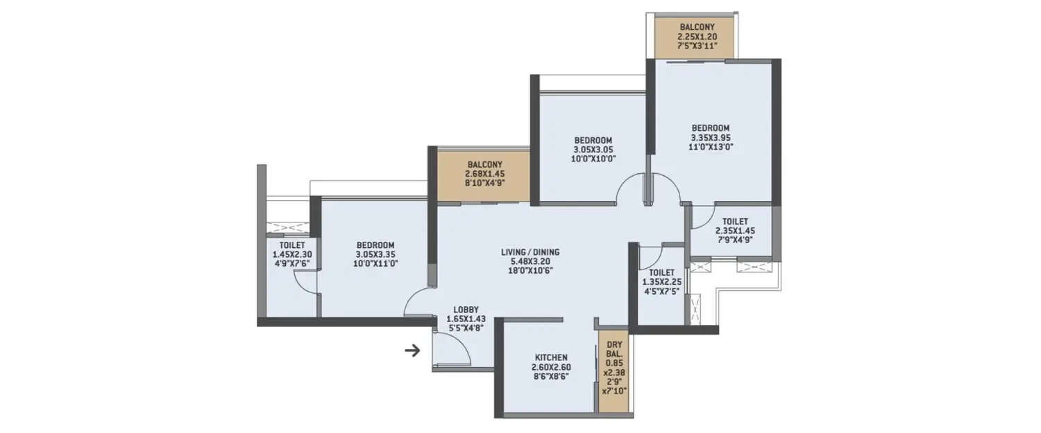 Floor plan for 3 BHK